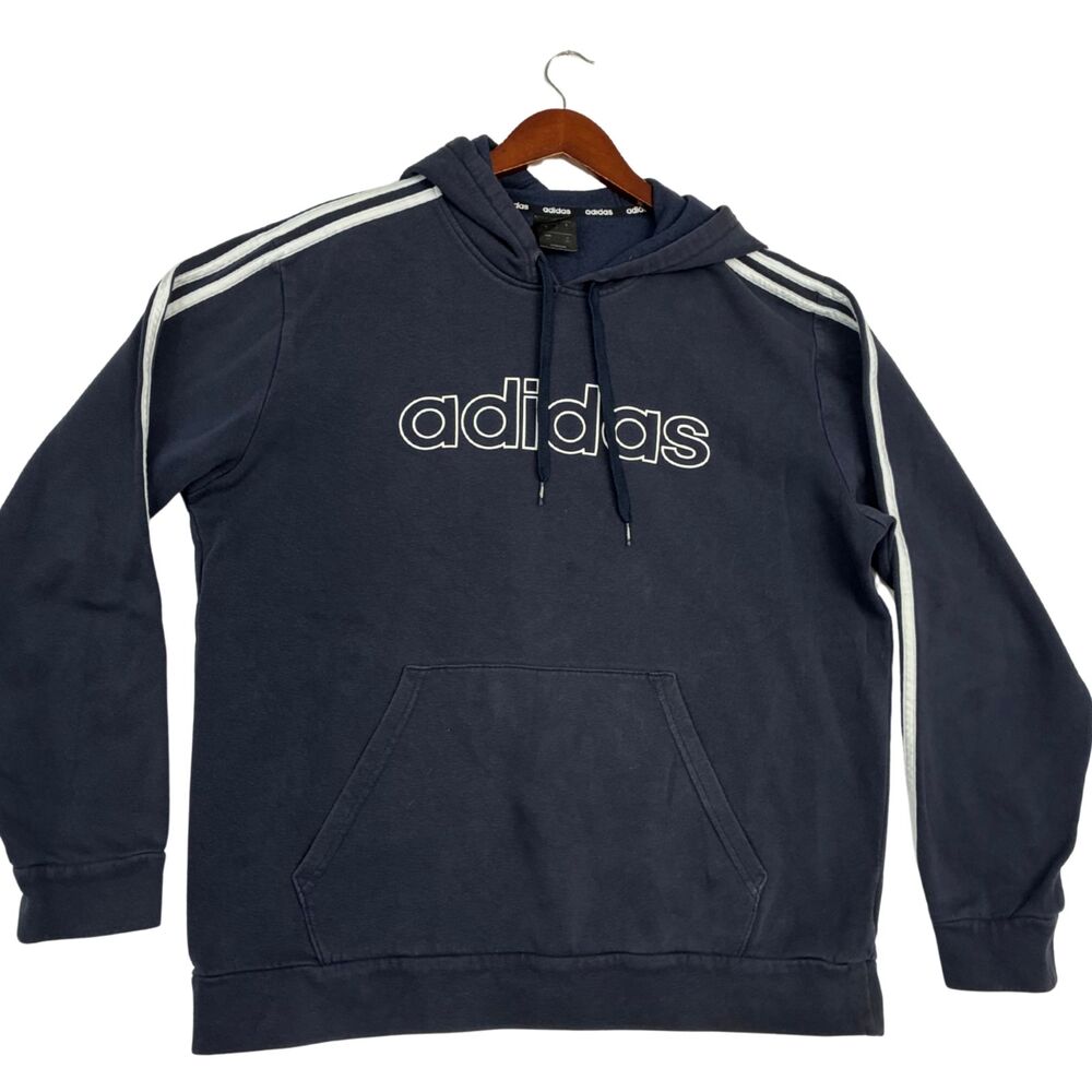Adidas Mens L Hoodie Navy Blue 3 Stripes Spellout Logo Pullover Sweatshirt